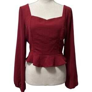 Altar’d State Red Peplum Blouse Women’s M Long Sleeve Sweetheart Neck‎ Crop Top